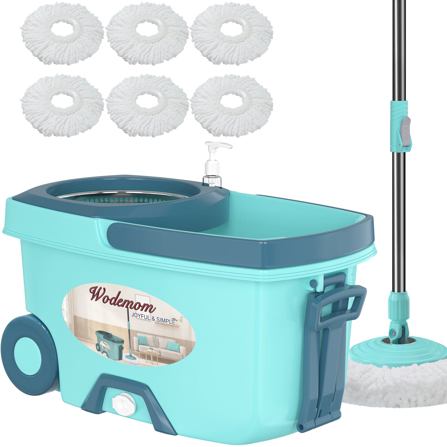 FunClean Spin Mop and Bucket System | 6 Replacement Mop Heads | 61" Extended Handle