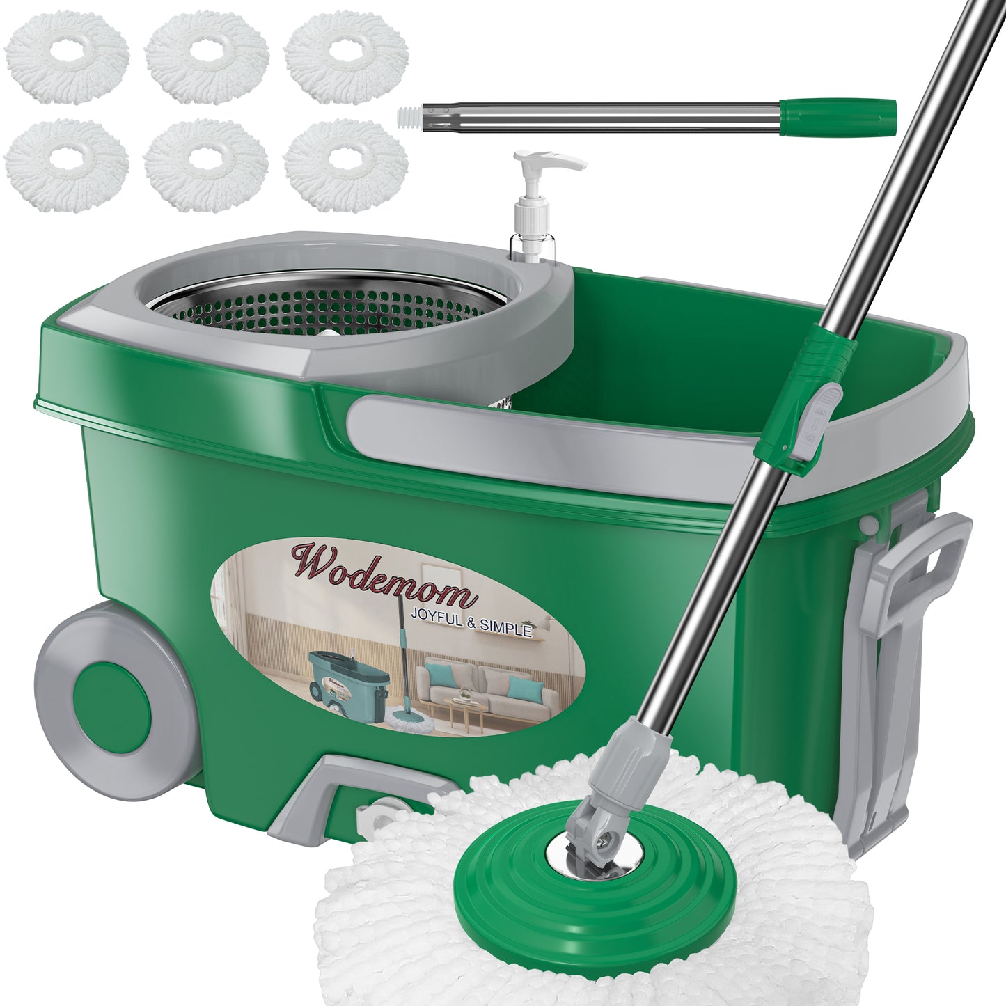 FunClean Spin Mop and Bucket System | 6 Replacement Mop Heads | 61" Extended Handle