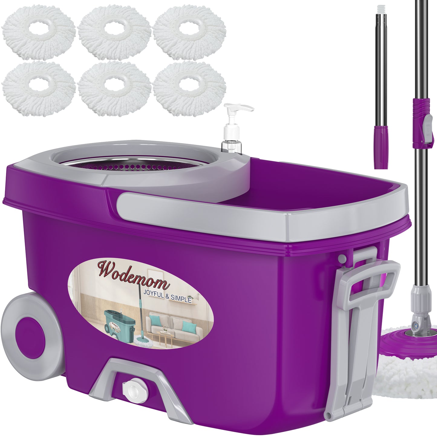 FunClean Spin Mop and Bucket System | 6 Replacement Mop Heads | 61" Extended Handle