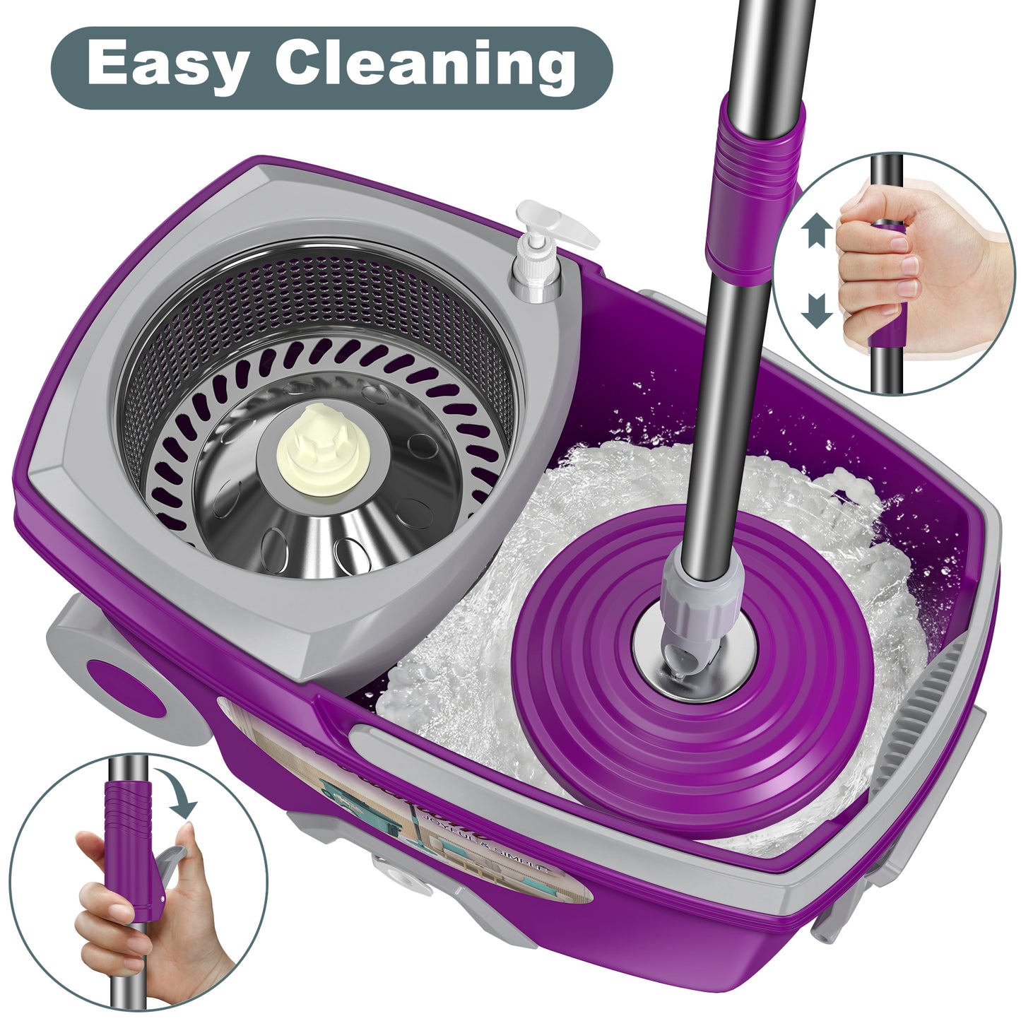 FunClean Spin Mop and Bucket System | 6 Replacement Mop Heads | 61" Extended Handle