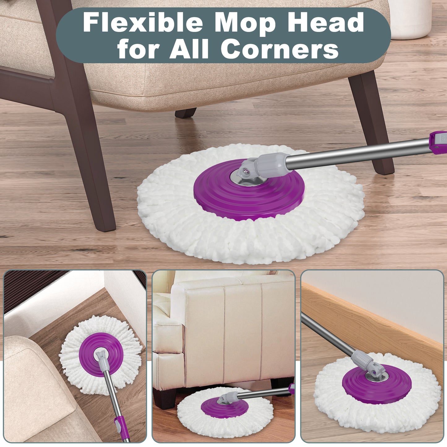 FunClean Spin Mop and Bucket System | 6 Replacement Mop Heads | 61" Extended Handle