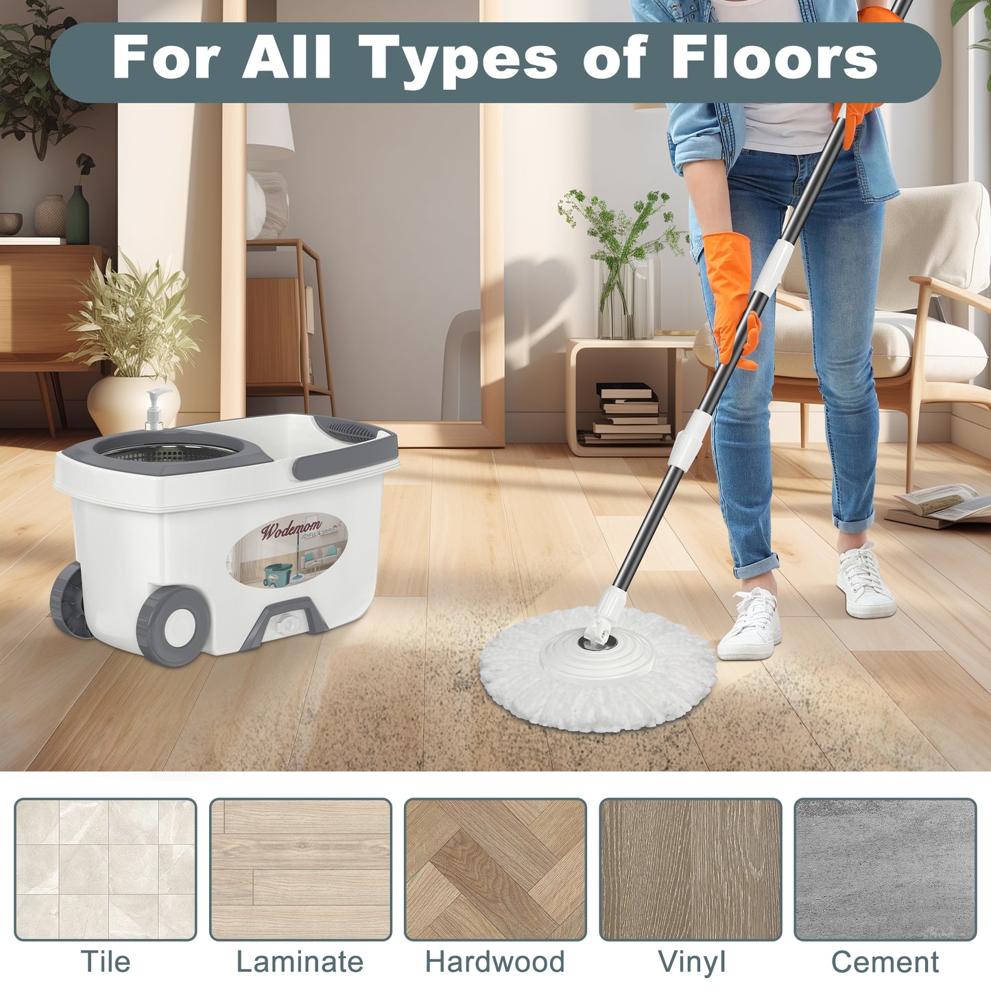 FunClean Spin Mop and Bucket System | 6 Replacement Mop Heads | 61" Extended Handle